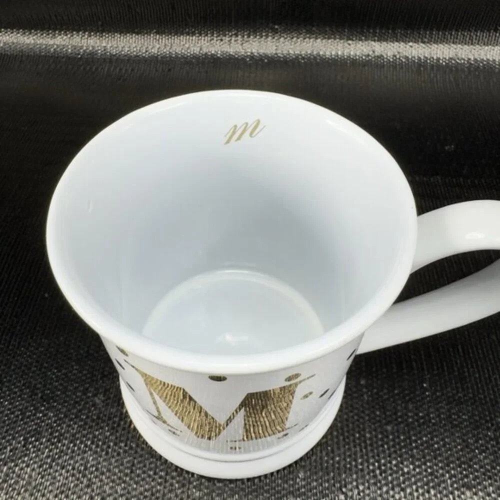 Pier 1 Imports Stoneware Coffee Mug Cup Monogram Letter M‎ White Gold Dots Mug